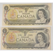 CANADA 1973 . 2 x ONE 1 DOLLAR BANKNOTES . LAWSON / BOUEY
